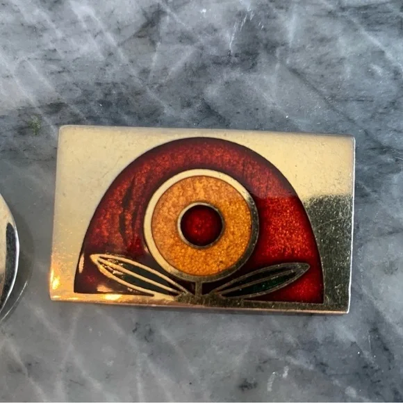 Pair Brooch De Passille Sylvestre Enamel Vintage MCM Made in Canada Face Flower - Picture 3 of 14